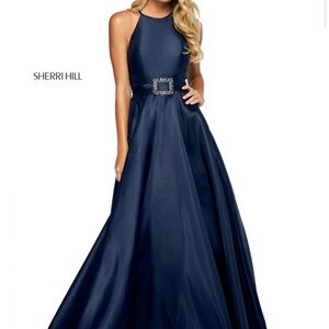SHERRI HILL NAVY PROM DRESS FORMAL PAGEANT GOWN SZ 00 53659